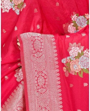 Cherry Georgette Resham Zari Alfi Buta Work Banarasi Saree