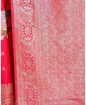 Cherry Georgette Resham Zari Alfi Buta Work Banarasi Saree