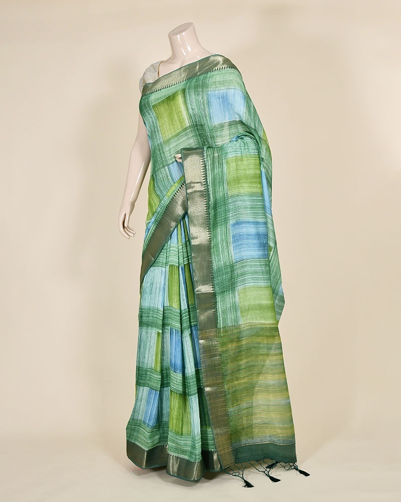 Green Art Silk Hand Print Checks Work Banarasi Saree