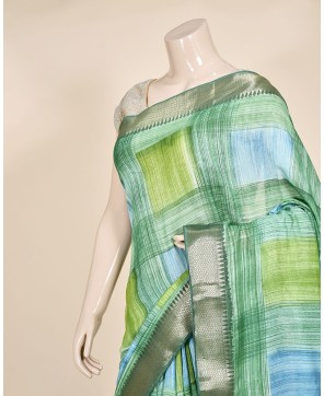 Green Art Silk Hand Print Checks Work Banarasi Saree