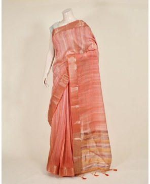 Pink Art Silk Hand Print Stripe Work Banarasi Saree