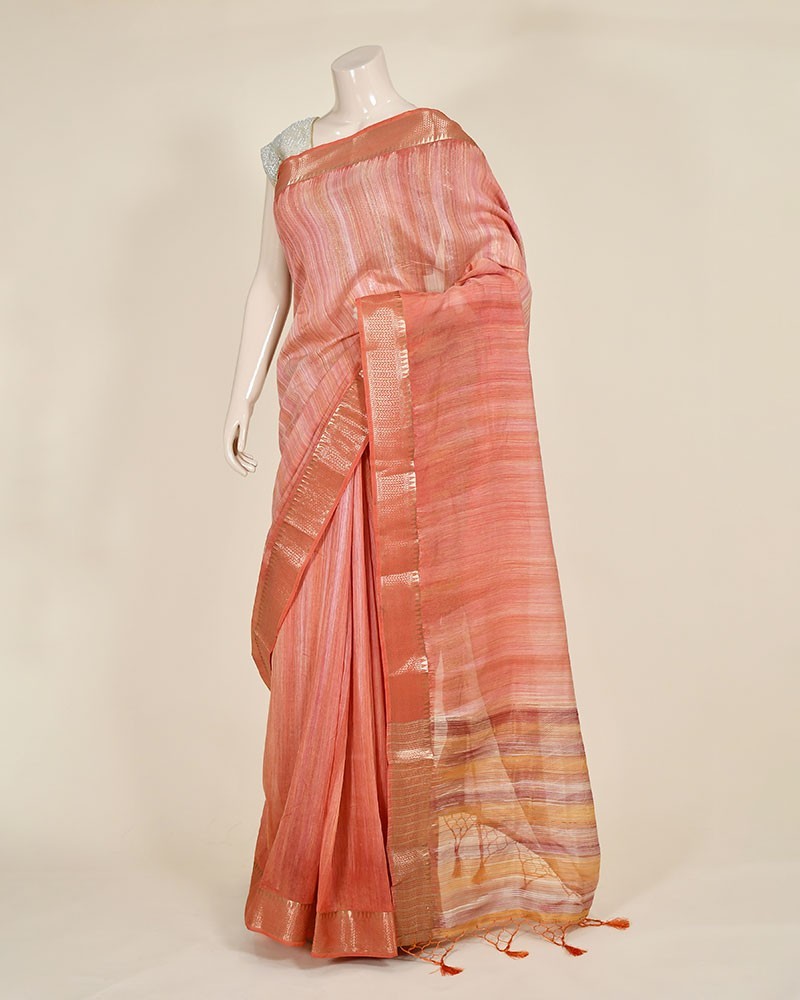 Pink Art Silk Hand Print Stripe Work Banarasi Saree