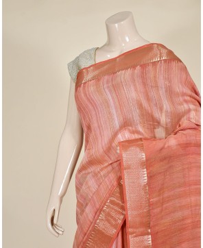 Pink Art Silk Hand Print Stripe Work Banarasi Saree