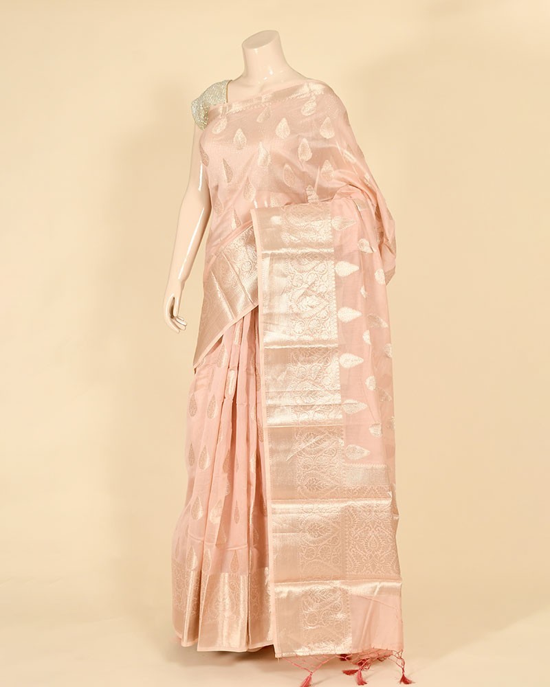 Pink Cotton Zari Buti Work Banarasi Saree