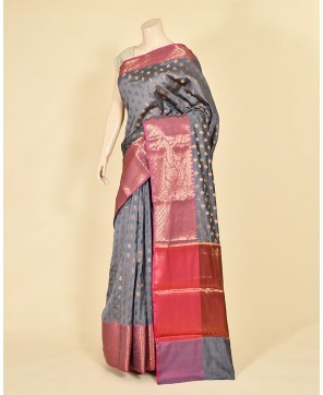 Steel Grey Cotton Banarasi Buti Work Banarasi Saree