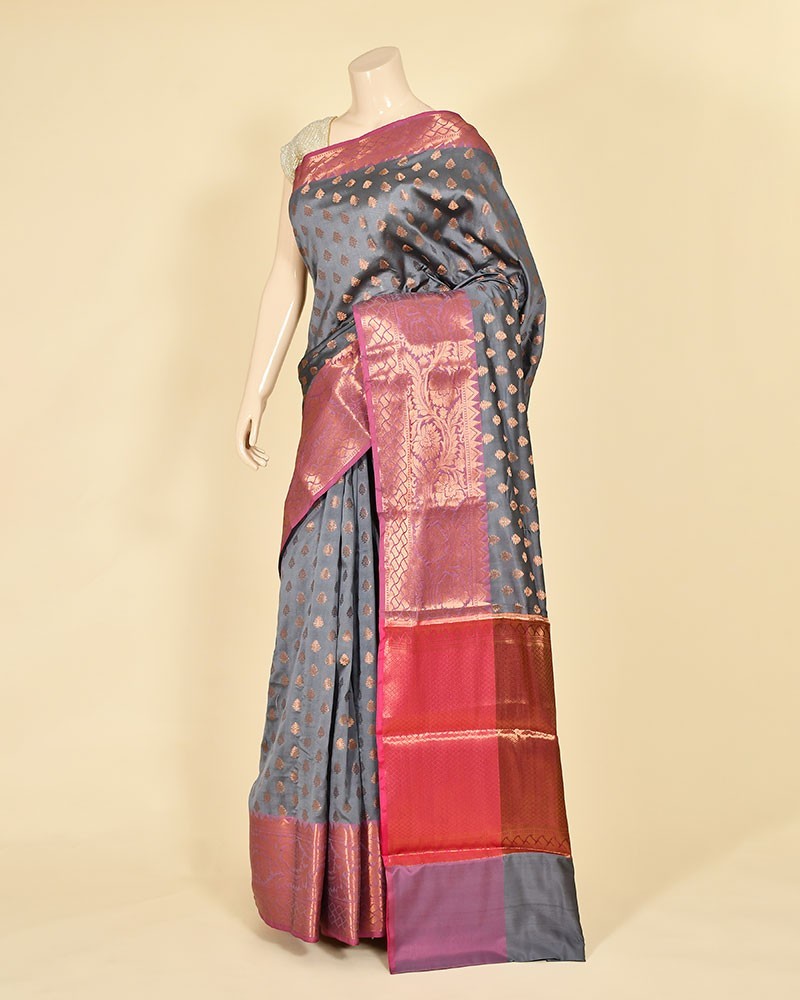 Steel Grey Cotton Banarasi Buti Work Banarasi Saree