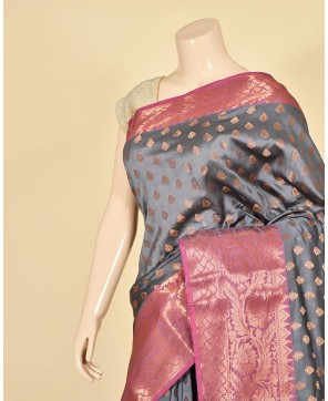 Steel Grey Cotton Banarasi Buti Work Banarasi Saree