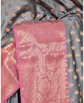 Steel Grey Cotton Banarasi Buti Work Banarasi Saree