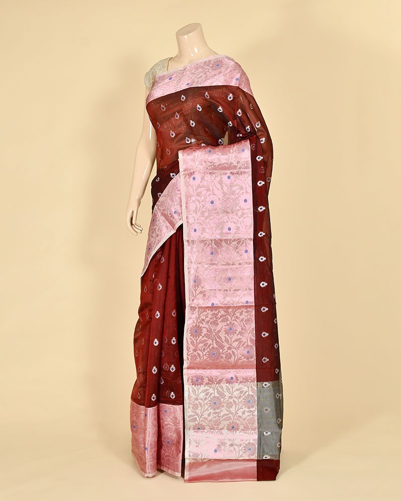 Maroon Cotton Banarasi Buti Work Banarasi Saree