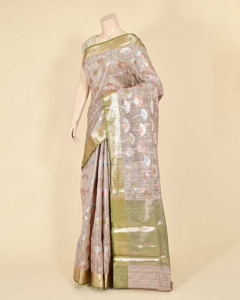 Peach Cotton Alfi Buta Work Banarasi Saree