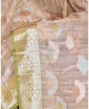 Peach Cotton Alfi Buta Work Banarasi Saree