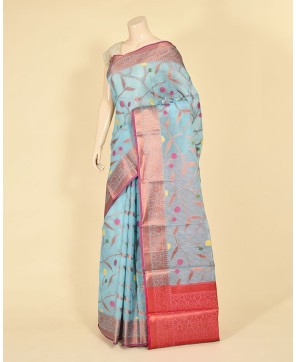 Sky Blue Cotton Resham and Zari Alfi Jaal Work Banarasi Saree