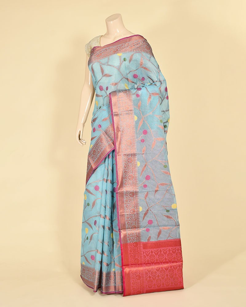 Sky Blue Cotton Resham and Zari Alfi Jaal Work Banarasi Saree