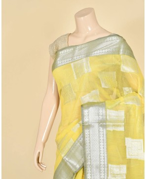 Lemon Cotton Zari Tanchoi Work Banarasi Saree