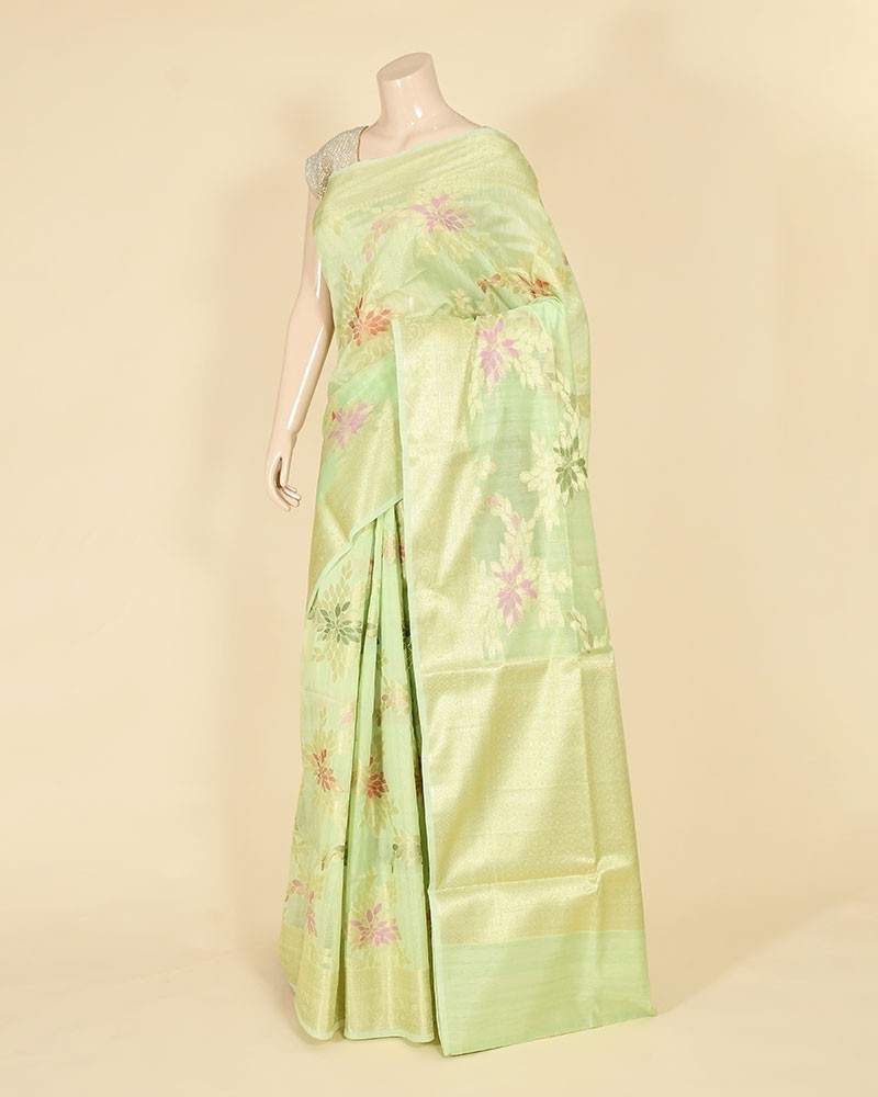 Pista Green Cotton Resham and Zari Aada Jaal Work Banarasi