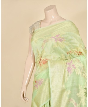 Pista Green Cotton Resham and Zari Aada Jaal Work Banarasi