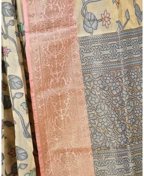 Beige Cotton Resham and Zari Aada Jaal Work Banarasi Saree