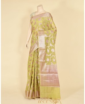 Light Olive Cotton Zari Jaal Work Banarasi Saree