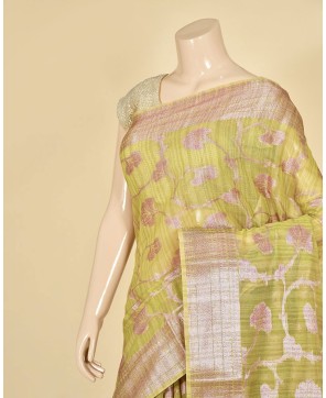 Light Olive Cotton Zari Jaal Work Banarasi Saree