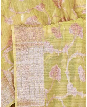 Light Olive Cotton Zari Jaal Work Banarasi Saree