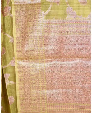 Light Olive Cotton Zari Jaal Work Banarasi Saree