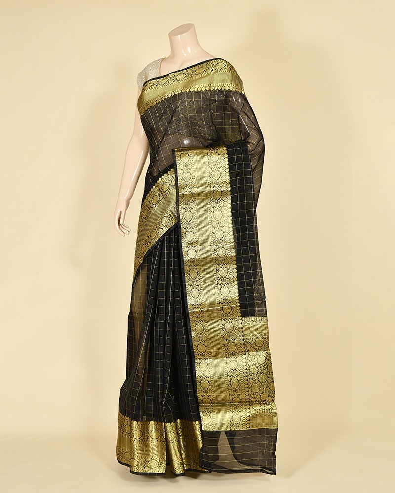 Black Cotton Zari Checks Work Banarasi Saree