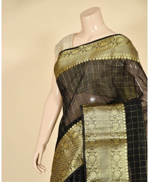 Black Cotton Zari Checks Work Banarasi Saree