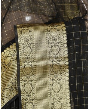 Black Cotton Zari Checks Work Banarasi Saree