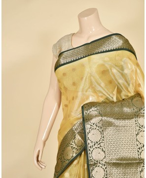 Beige Bottle Green Tissue Zari Buti Work Banarasi Saree