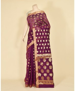 Wine Cotton Zari Buti Work Banarasi Saree