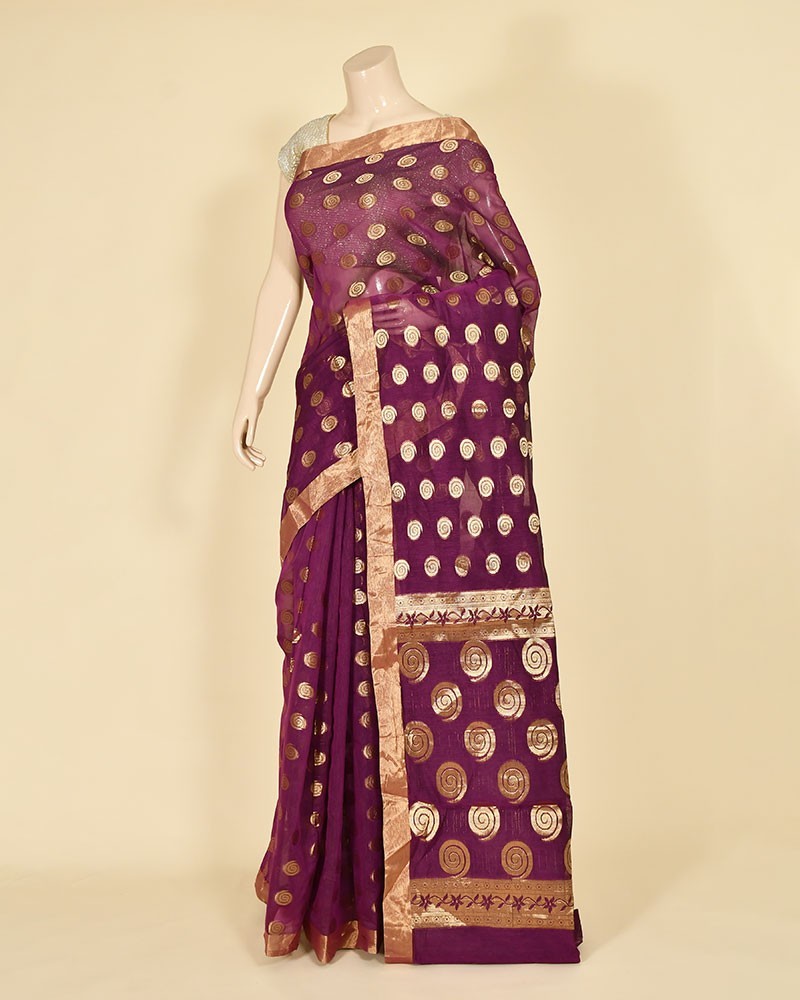 Wine Cotton Zari Buti Work Banarasi Saree