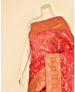 Red Banarasi Kora Alfi Jaal Banarasi Saree