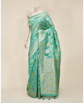 Sea Green Organza Alfi Jaal Banarasi Saree