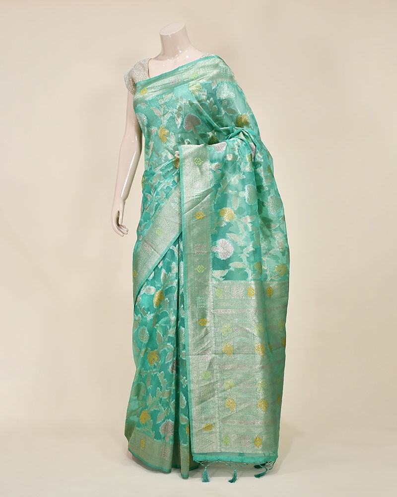 Sea Green Organza Alfi Jaal Banarasi Saree