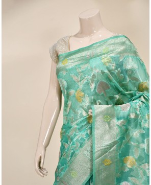 Sea Green Organza Alfi Jaal Banarasi Saree