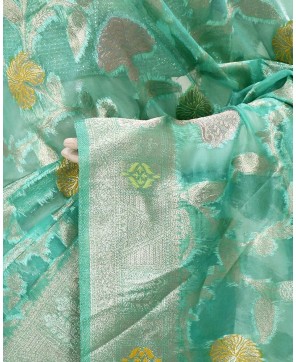 Sea Green Organza Alfi Jaal Banarasi Saree