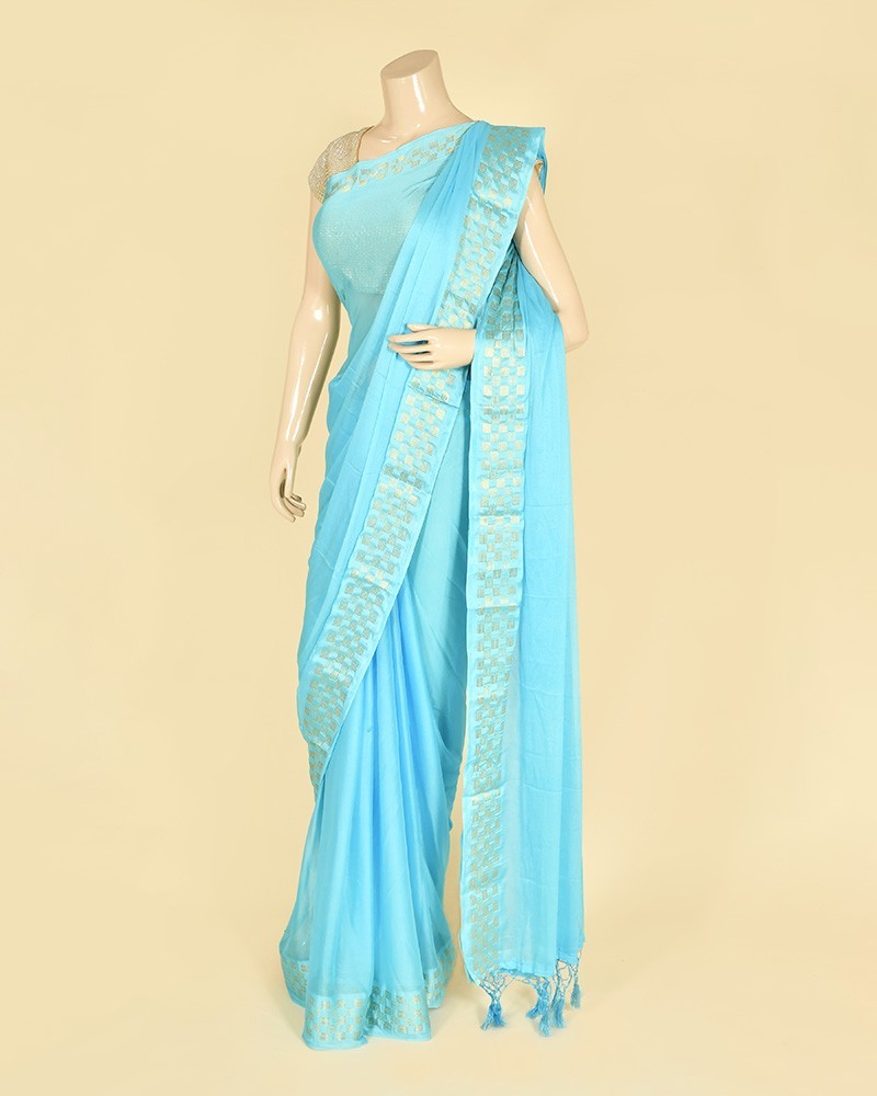 Sea Green Chinon Checks Border Saree