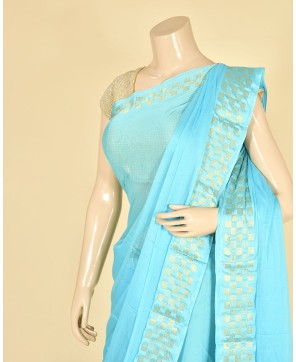 Sea Green Chinon Checks Border Saree