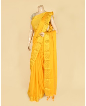 Yellow Chinon Checks Border Saree