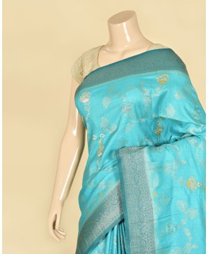 Light Peacock Blue Self Contrast Banarasi Georgette Alfi Jaal Saree