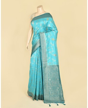 Light Peacock Blue Self Contrast Banarasi Georgette Alfi Jaal Saree