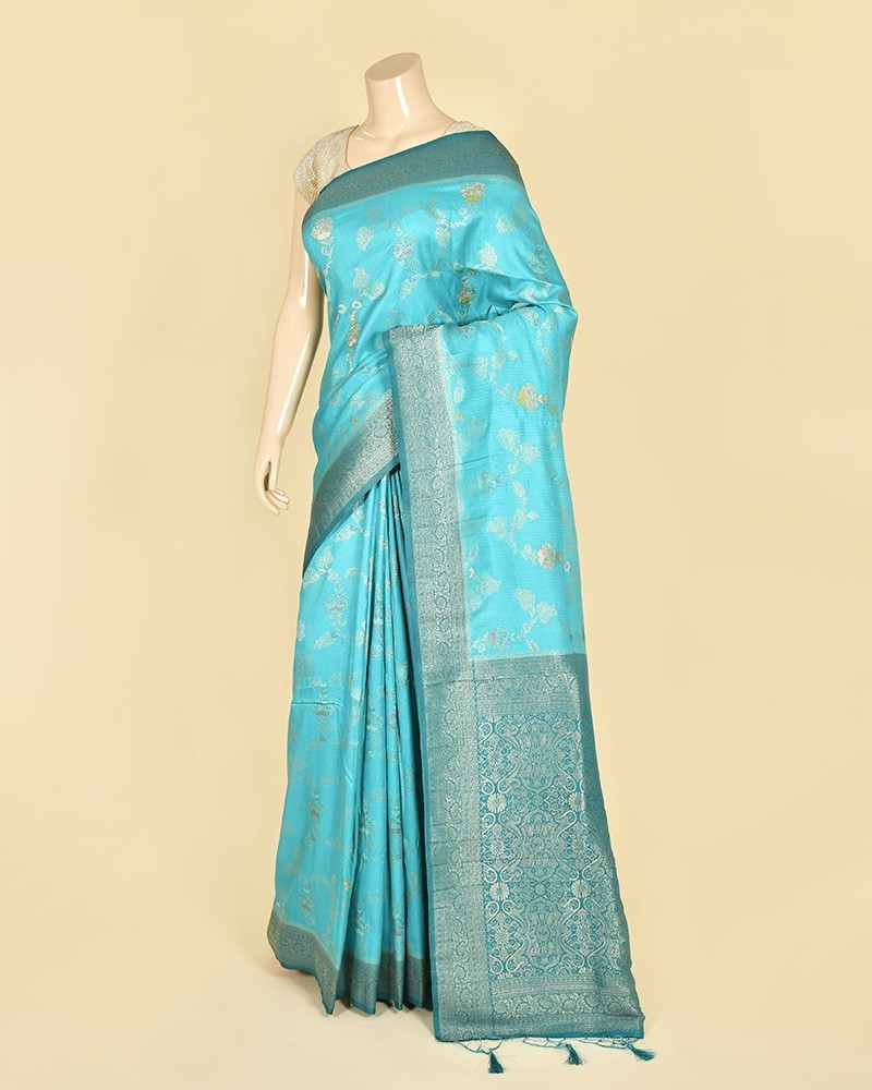 Light Peacock Blue Self Contrast Banarasi Georgette Alfi Jaal Saree