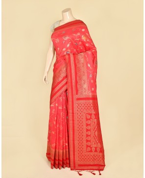 Strawberry Self Contrast Banarasi Georgette Alfi Jaal Saree