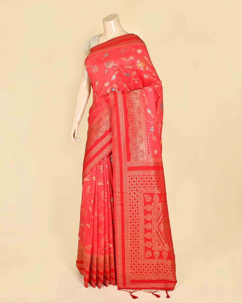 Strawberry Self Contrast Banarasi Georgette Alfi Jaal Saree