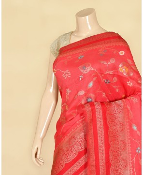 Strawberry Self Contrast Banarasi Georgette Alfi Jaal Saree