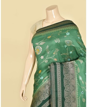 Light Bottle Green Self Contrast Banarasi Georgette Alfi Jaal Saree