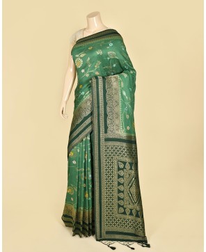 Light Bottle Green Self Contrast Banarasi Georgette Alfi Jaal Saree