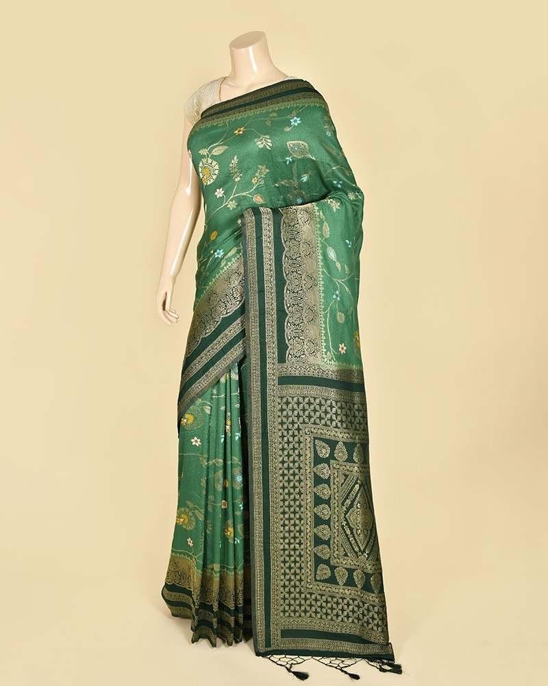 Light Bottle Green Self Contrast Banarasi Georgette Alfi Jaal Saree