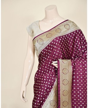 Bridal Wine Banarasi Saree With Swarovski Work