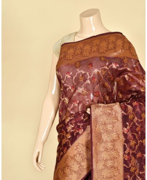 Wine Kora All Over Alfi Jaal Banarasi Saree